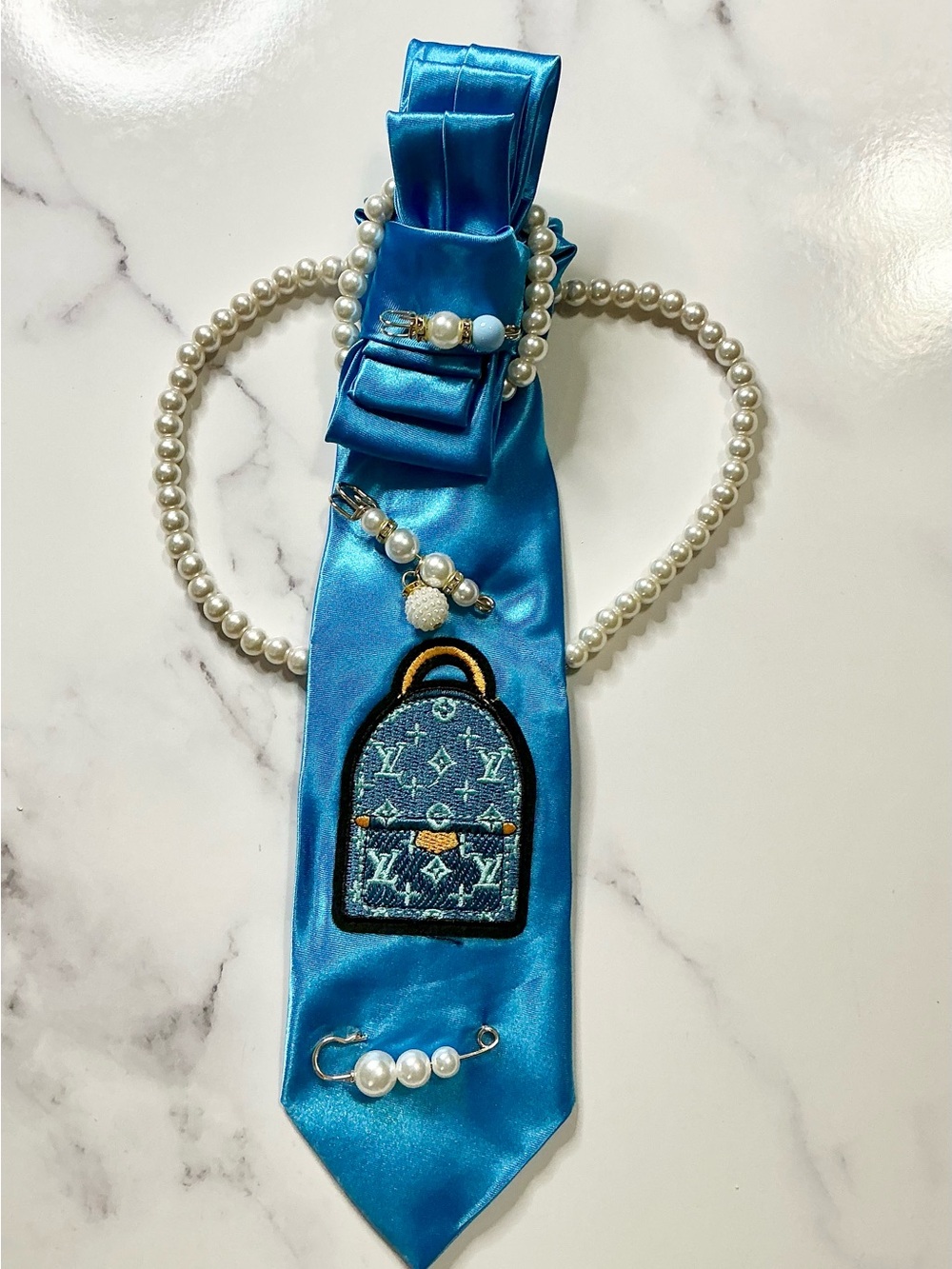 Blue Satin Decorative Scarf Tie with Pearl Accents
